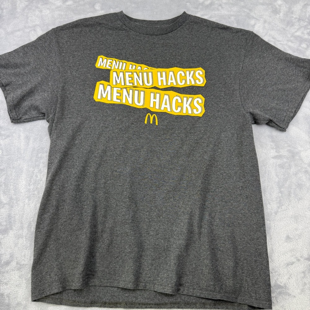Delta Menu Hacks Graphic T-Shirt McDonald's Promo‎ Tee Crew Neck Gray L